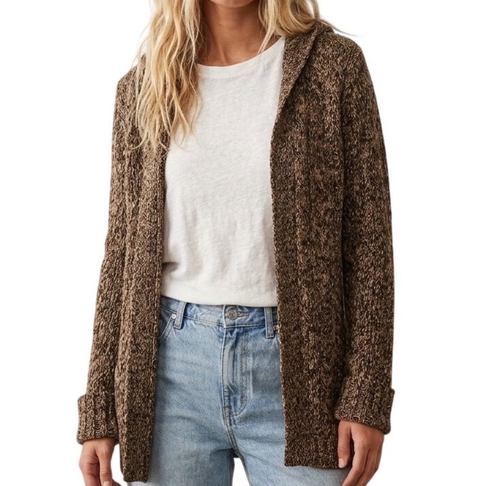 Energie Brown Marled Hooded Open Front Cardigan Sweater‎ Small Cable Knit
